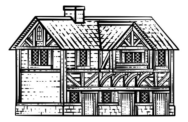 Old Medieval House Inn Building Vintage Woodcut An old medieval house, row of houses or inn building drawing or map design element in a vintage engraved woodcut style medieval architecture stock illustrations