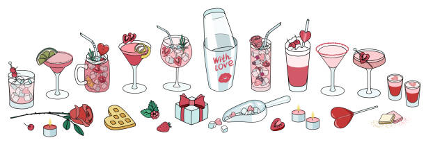 valentinstag cocktail-sammlungs-set. pink liebt drinks in gläsern, schokolade und beeren, bar shaker, eisschaufel und romantische attribute. vektorillustration im cartoon-doodle-stil - champagne pink strawberry champaigne stock-grafiken, -clipart, -cartoons und -symbole