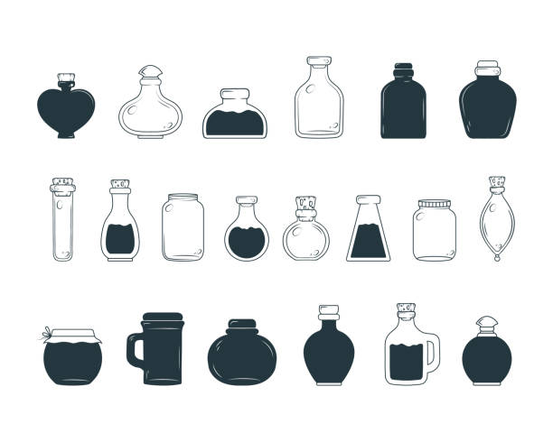 Flasks, vials and jars icon  isolated set. Spiritual design elements. Vector illustration in boho style. vector art illustration