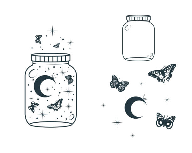 Celestial mystical jars with moon, stars and butterfly. Esoteric  design elements   isolated on white. Vector illustration in boho style. Celestial mystical jars with moon, stars and butterfly. Esoteric  design elements   isolated on white. Vector illustration in boho style. river clipart stock illustrations