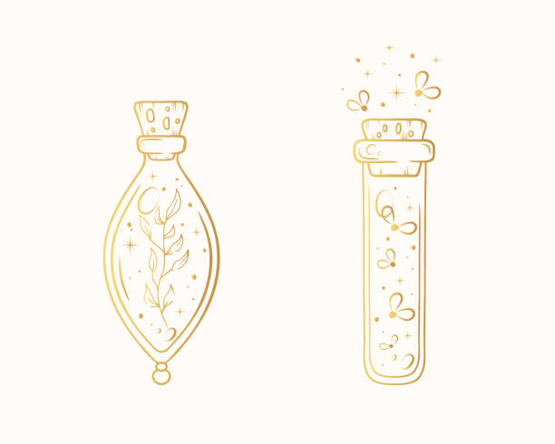 Celestial test tube and flacon. Cute golden hand drawn  bottles of magic potion isolated on white. Vector illustration moth and twig in the flasks. vector art illustration