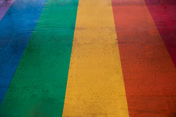 zebra crossing painted in lgbt flag colors, concept pride month - design pride walking go imagens e fotografias de stock