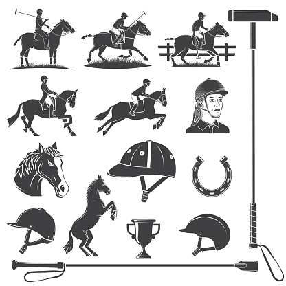 Set of Horse riding sport icon. Vector illustration. Vintage monochrome equestrian icon, sign with rider, horseshoe, helmet, horse head, riding crop and horse silhouettes.