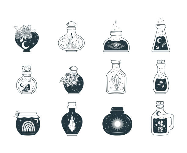 illustrations, cliparts, dessins animés et icônes de collection céleste de pot mason. potions de sorcellerie, cruches, papillons et fleurs mystiques ensemble isolé. illustration vectorielle dessinée à la main dans un style boho. - fungus science bottle glass