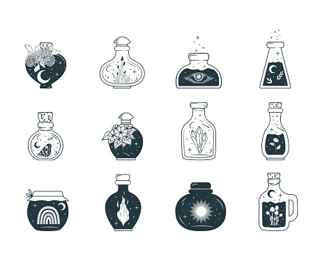 Mason jar celestial collection. Witchcraft potions, jugs, butterflies and mystical flowers isolated set. Hand drawn vector illustration in boho style.