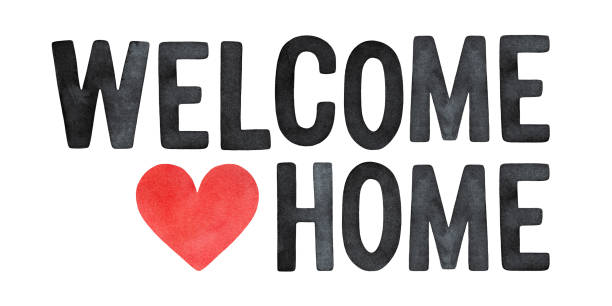 ilustraciones, imágenes clip art, dibujos animados e iconos de stock de ilustración en acuarela de la inscripción "welcome home", decorada con un pequeño corazón rojo. - soldados volviendo a casa