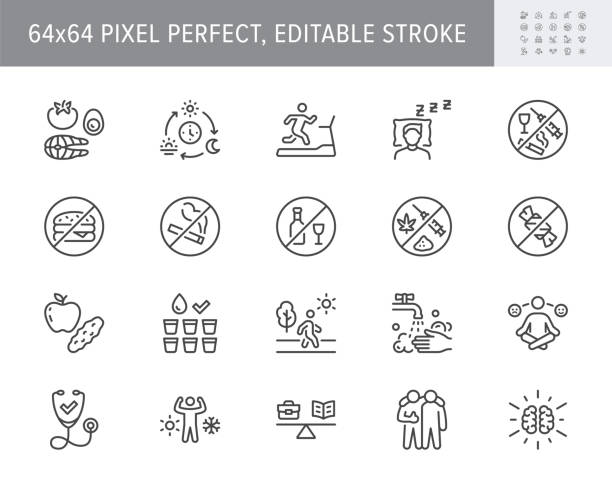 Healthy lifestyle line icons. Vector illustration include icon - fitness, yoga, walking man, hygiene, meditation, hardening outline pictogram for sport lifestyle. 64x64 Pixel Perfect, Editable Stroke Healthy lifestyle line icons. Vector illustration include icon - fitness, yoga, walking man, hygiene, meditation, hardening outline pictogram for sport lifestyle. 64x64 Pixel Perfect, Editable Stroke. outdoor lifestyle stock illustrations