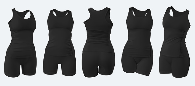 Black compression underwear mockup, female tank top, shorts, no body, 3D rendering, isolated on white background. Set of trendy training sportswear for design, advertising. Bicycles template, t-shirts