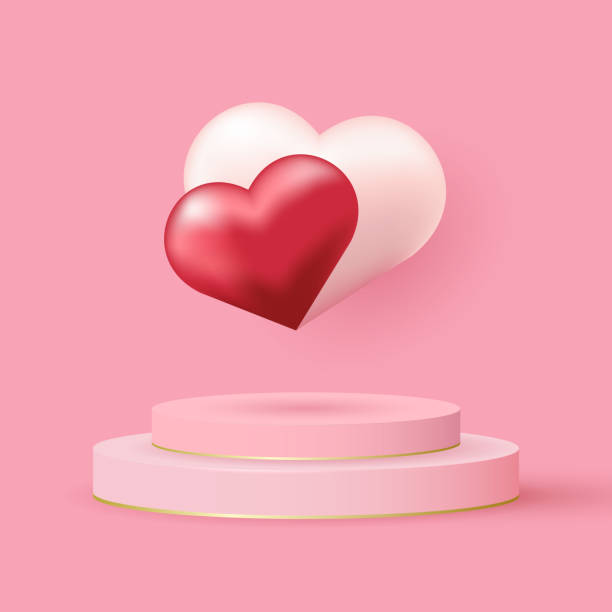 ilustrações de stock, clip art, desenhos animados e ícones de valentines day holiday flyer with realistic 3d heart and podium on pink background. poster or banner on light background. vector - february three dimensional shape heart shape greeting