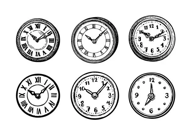 Vector illustration of Ink sketch of clock dial faces.