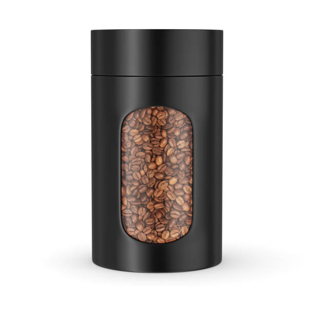 Food jar with roasted coffee beans isolated on white background