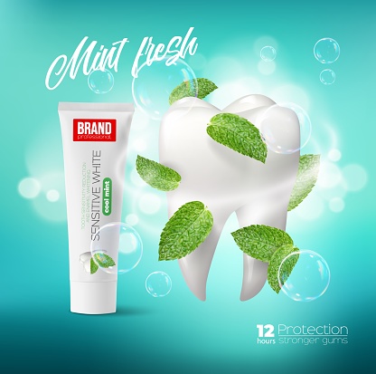 Green mint leaves swirl and toothpaste dental care