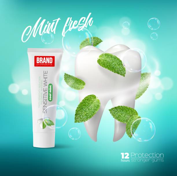 Green mint leaves swirl and toothpaste dental care Green mint leaves swirl and toothpaste, dental care vector ad poster with white healthy tooth, spearmint and tube with paste. Product of tooth protection and repair, realistic 3d promo background mint chewing gum stock illustrations