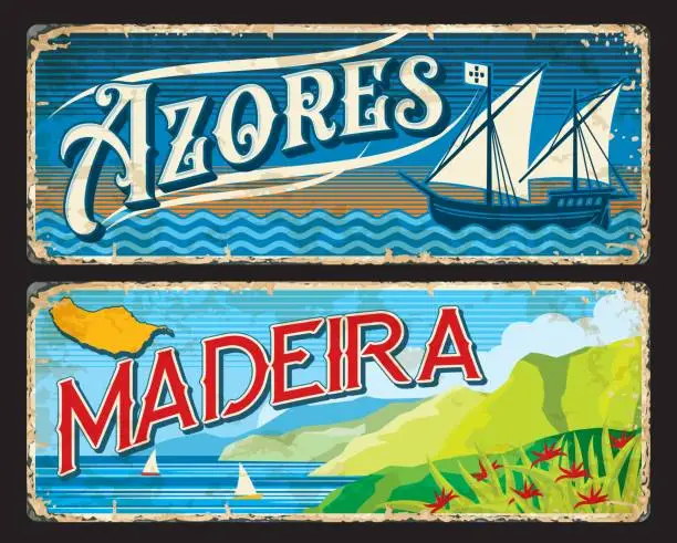 Vector illustration of Azores, Madeira island portuguese province plates