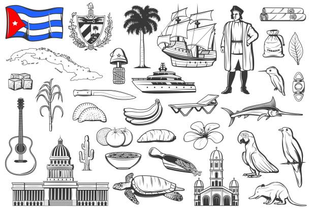 Cuba national symbols, cuisine and nature icons Cuba national symbols, cuisine and nature engraved icons set. Cuban flag and Coat of Arms, capitol building and island map, Christopher Columbus ship, fruits and animals, cigars cutter, machete vector christopher columbus stock illustrations