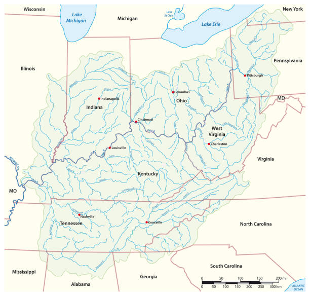 ilustrações, clipart, desenhos animados e ícones de mapa vetorial bacia de drenagem do rio ohio, eua - west virginia map topography topographic map