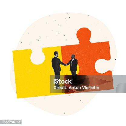 istock Creative modern design. Contemporary art collage of two men, businessmen shaking hands due to successful cooperation deal 1363790143