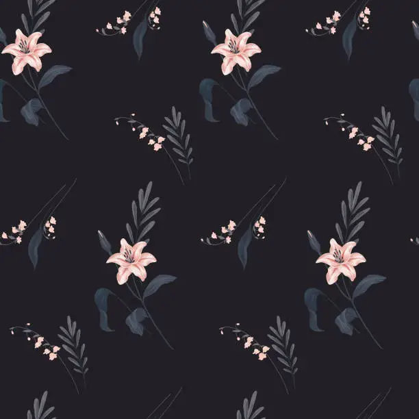 Vector illustration of Seamless pattern with bouquets of flowers and leaves on a dark background. Romantic floral print in pastel colors. Composition from flowers of white lily,  various leaves. Vector design.