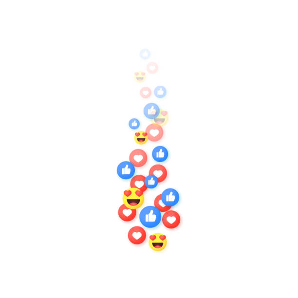 Flying red hearts, blue like and loving faces isolated on white background. A stream of symbols that gradually disappears. The concept of social networks and live broadcasts. Vector illustration.