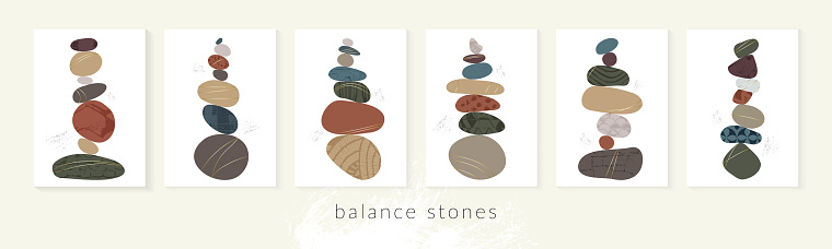 Balance pebble stone harmony vector Illustration. Simplicity calm and zen of cairn rock shape. Modern abstract wall decor, poster set, wellness background. Spa balance harmony zen wallpaper