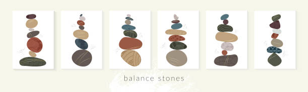 Balance pebble stone harmony vector Illustration. Simplicity calm and zen of cairn rock shape. Modern abstract wall decor, poster set, wellness background. Spa balance harmony therapy zen wallpaper Balance pebble stone harmony vector Illustration. Simplicity calm and zen of cairn rock shape. Modern abstract wall decor, poster set, wellness background. Spa balance harmony zen wallpaper cairn stock illustrations