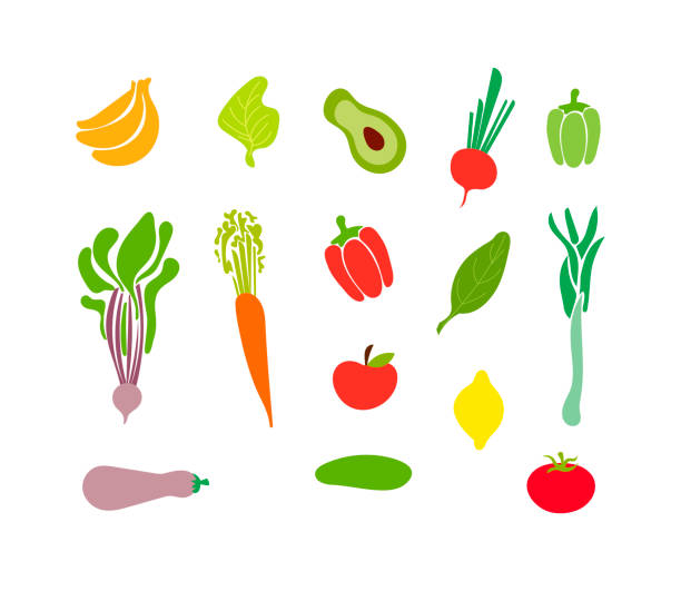 야채, 낙서 아이콘 컬렉션, 다채로운 과일과 야채 고립의 벡터 세트. - vegetable juice juice carrot tomato stock illustrations