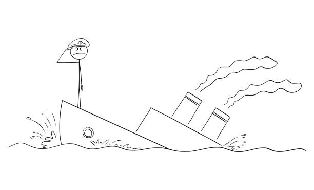 Captain of the Sinking Ship or Boat Saluting, Vector Cartoon Stick Figure Illustration Captain saluting on sinking boat or ship, vector cartoon stick figure or character illustration. sinking boat stock illustrations