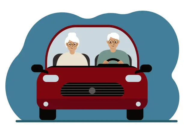 Vector illustration of In the red car, a couple of pensioners man and woman. Foreground.