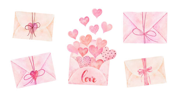 ilustrações de stock, clip art, desenhos animados e ícones de set of watercolor envelopes isolated on white background. can be used for valentine's day, greeting cards and invitations. - invitation postcard scrapbook day