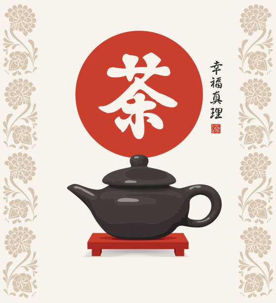 teebanner mit brauner teekanne und hieroglyphen - chinese tea stock-grafiken, -clipart, -cartoons und -symbole