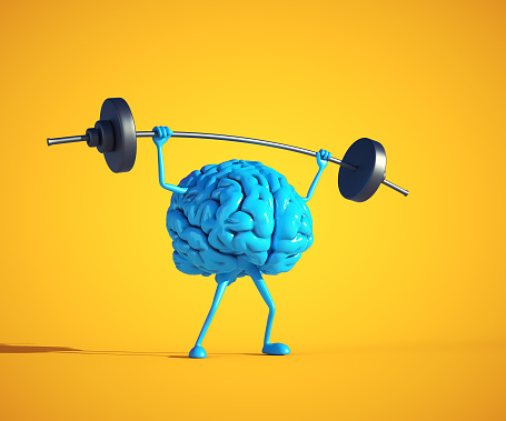 Blue human brain lifting weight.