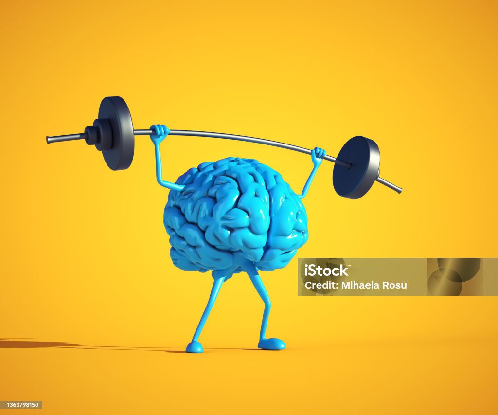 Blue human brain lifting weight. Blue human brain lifting weight. Private lessons and knowledge concept. This is a 3d render illustration Creativity Stock Photo