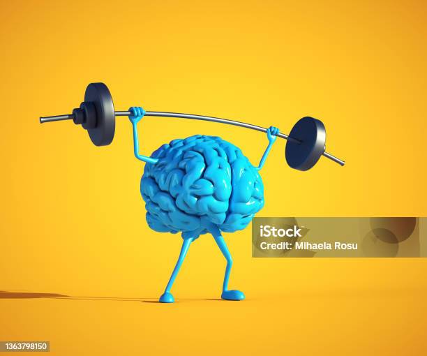 Blue Human Brain Lifting Weight Stock Photo - Download Image Now - Creativity, Exercising, Mental Health