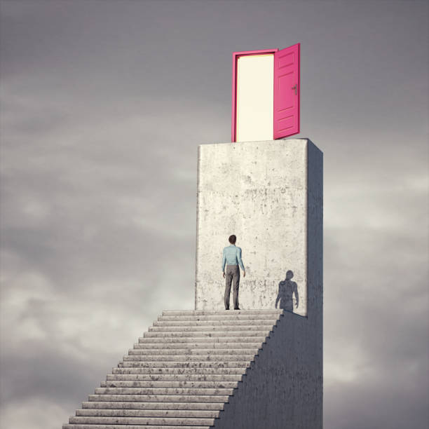 istock Man on stairs with a bigger step to a door. 1363798193