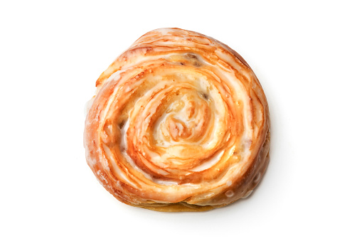 Raisin custard swirl pastry isolated on a white backgrpound