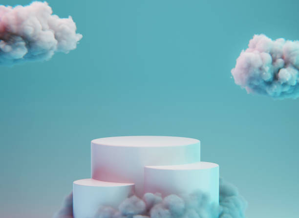 istock 3d render, surreal heaven landscape with white clouds in a blue sky. Modern minimal abstract background 1363799928