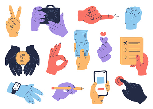 Set of colorful human hands with a different stuff, clock, phone, pen, coin, banknote, camera and icons of various gestures. Vector illustration isolated on white background. Flat cartoon style.