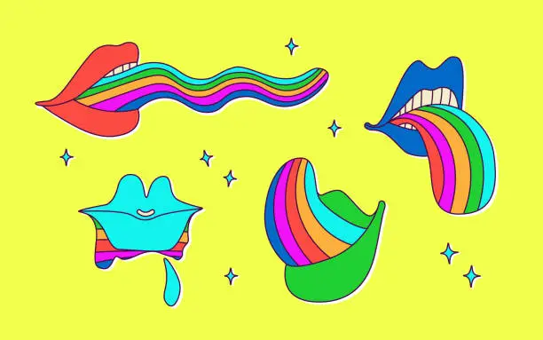 Vector illustration of Psychedelic lips with rainbow tongue. Classic cartoon vector multicolored neon illustration. Hippie vintage design.