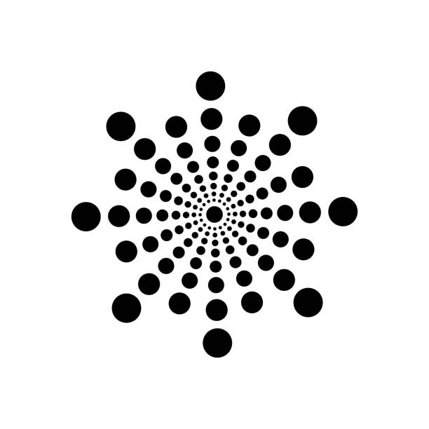 ilustrações, clipart, desenhos animados e ícones de o círculo de pontos de meio tom radial preto em fundo branco de halftone. forma geométrica abstrata. - spire