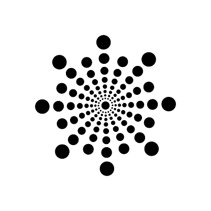 Black radial halftone dots circle on halftone white background. Abstract geometric shape. Logo design.
