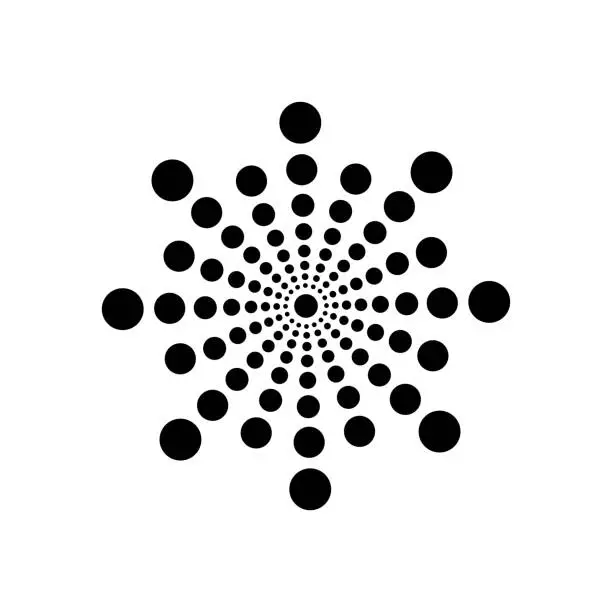 Vector illustration of Black radial halftone dots circle on halftone white background. Abstract geometric shape.