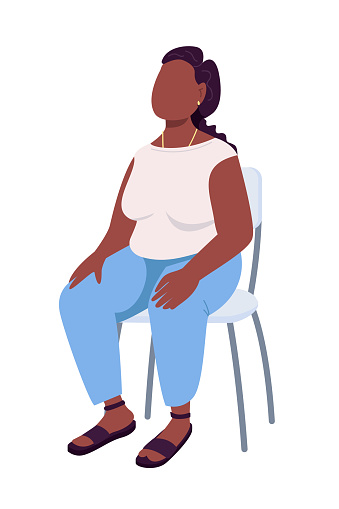 Woman sitting calmly semi flat color vector character. Sitting figure. Full body person on white. Resting isolated modern cartoon style illustration for graphic design and animation