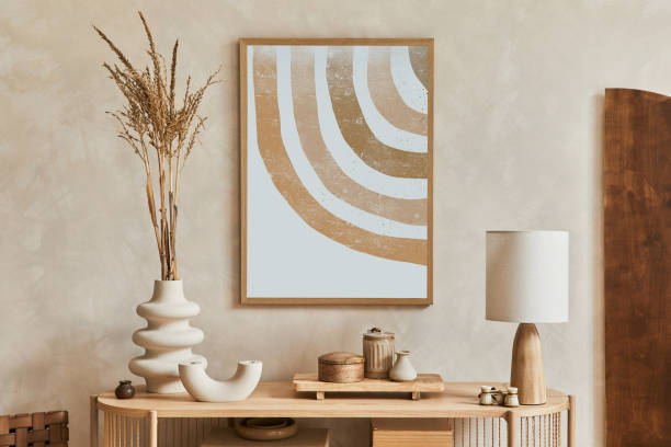 Stylish living room interior design with console and mock up poster frame. Lamp, vase and elegant personal accessories. Copy space. Template."n Stylish living room interior design with console and mock up poster frame. Lamp, vase and elegant personal accessories. Copy space. Template."n candlestick holder photos stock pictures, royalty-free photos & images