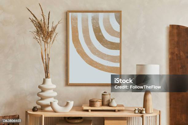Stylish Living Room Interior Design With Console And Mock Up Poster Frame Lamp Vase And Elegant Personal Accessories Copy Space Templaten Stock Photo - Download Image Now
