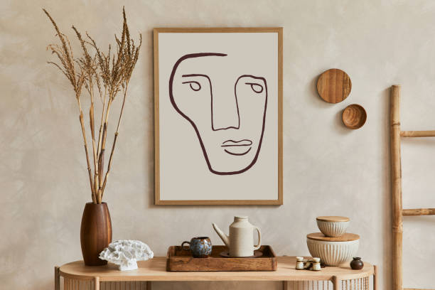 istock Elegant living room interior composition with console, mock up poster frame and stylish personal accessories. Copy space. Template. 1363806469