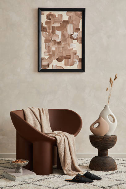 istock Elegant living room minimalist interior composition with creative armchair, coffee table, mock up poster frame and creative design personal accessories. Copy space. Template. 1363806791