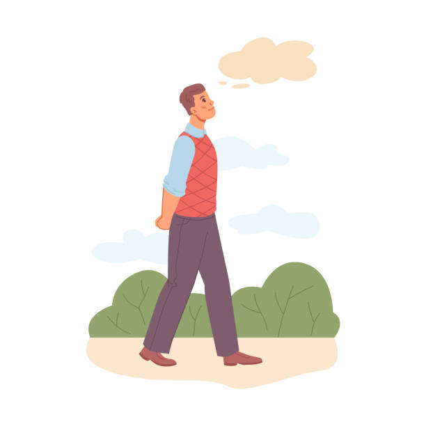 Young troubled man walking in park outdoors isolated flat cartoon character. Vector person walk in park, thoughtful guy with thinking bubble above head, person businessman think about problem Young troubled man walking in park outdoors isolated flat cartoon character. Vector person walk in park, thoughtful guy with thinking bubble above head, person businessman think about problem walking animation stock illustrations