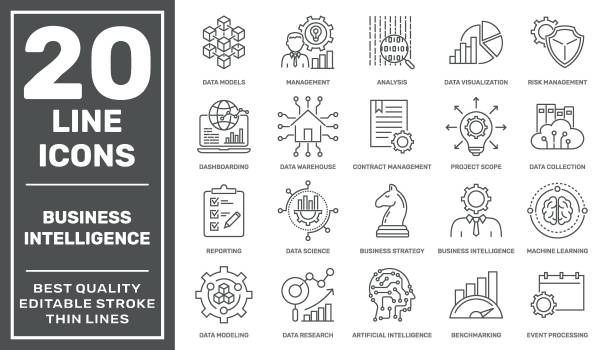 kuvapankkikuvitukset aiheesta joukko liiketoimintatietokuvakkeita, kuten koneoppiminen, tietojen mallinnus, visualisointi, riskienhallinta ja paljon muuta. laadukas. muokattava viiva. eps10 - journalism
