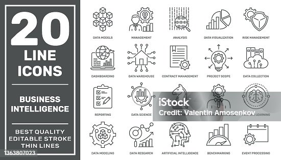 istock Set of business intelligence icons such as machine learning, data modeling, visualization, risk management and more different. High quality. Editable stroke. EPS10 1363807023
