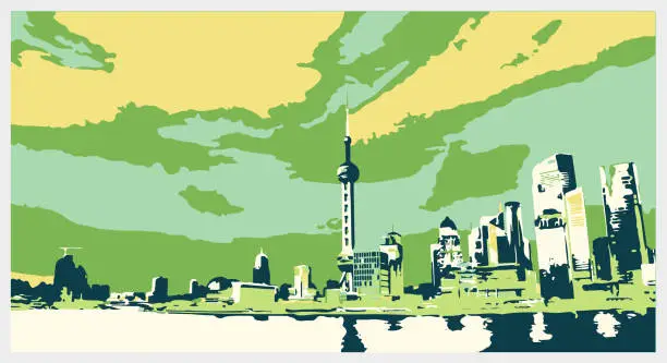 Vector illustration of Vector art engraving effects ShangHai city bund illustration background